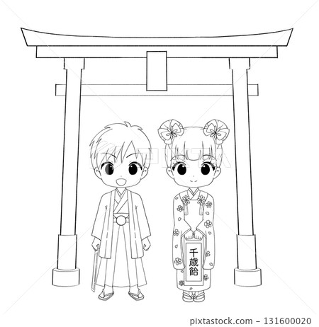 黑白插圖：可愛的男孩和女孩慶祝七五三節 131600020