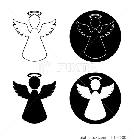Set of Angel Silhouette Icons Vector Illustration. Each figure depicts a classic angel with wings, halo and robe, ideal for Christmas, religious, decorative or spiritual themes. 131600063