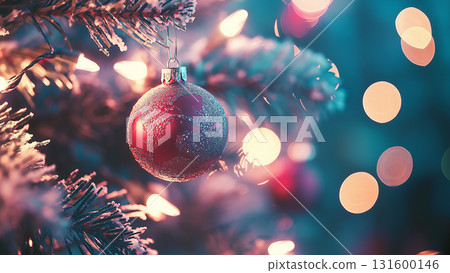 Ornament balls hanging on a Christmas tree, copy space Ornament balls hanging on a Christmas tree, copy space 131600146