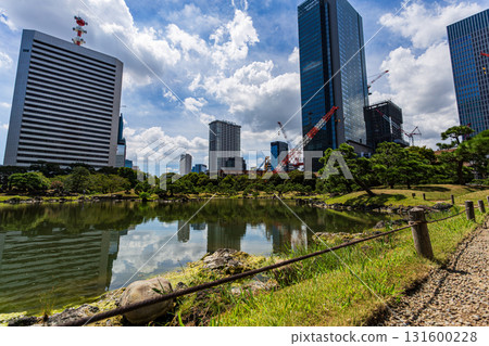Tokyo's Kyu-Shiba Rikyu Gardens, with its green spaces and skyscrapers reflected on the water Tokyo's Kyu-Shiba Rikyu Gardens, with its green spaces and skyscrapers reflected on the water 131600228