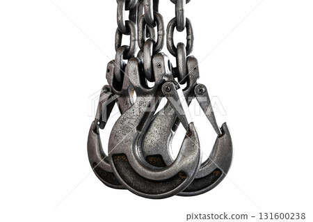 Heavy chain hooks hanging isolated on a white background for industrial use Heavy chain hooks hanging isolated on a white background for industrial use 131600238