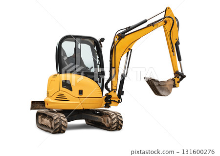 Compact excavator parked on an isolation site ready for rental to assist in construction projects Compact excavator parked on an isolation site ready for rental to assist in construction projects 131600276