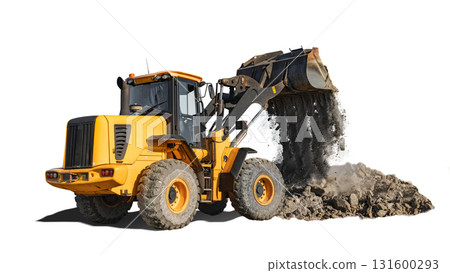 Heavy loader bulldozer lifting dirt on a construction site during daylight hours Heavy loader bulldozer lifting dirt on a construction site during daylight hours 131600293