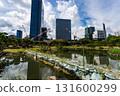 Sandbags in the pond at the former Shiba Rikyu Gardens in Tokyo, with skyscrapers reflected on the water, and a cityscape under construction Sandbags in the pond at the former Shiba Rikyu Gardens in Tokyo, with skyscrapers reflected on the water, and a cityscape under construction 131600299