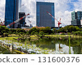 Flood control sandbags and construction cranes reflected in the pond at the former Shiba Rikyu Gardens in Tokyo, with skyscrapers Flood control sandbags and construction cranes reflected in the pond at the former Shiba Rikyu Gardens in Tokyo, with skyscrapers 131600376