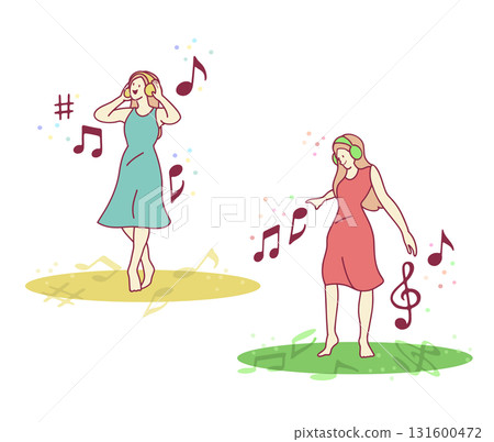 一位女士戴著耳機聽她最喜歡的音樂,享受節奏 一位女士戴著耳機聽她最喜歡的音樂,享受節奏 131600472