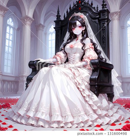 一位擁有紅眼的迷人新娘，端坐在大教堂的黑色寶座上。日本漫畫風格的AI插畫。 131600498