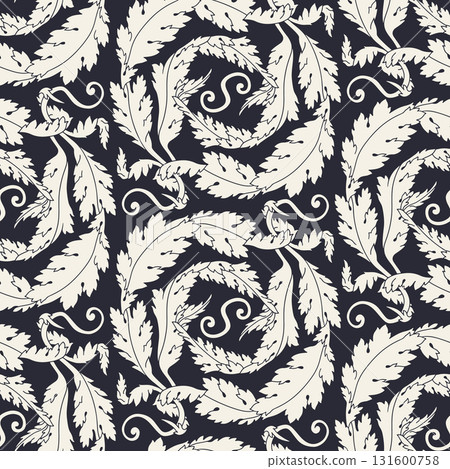 Hand drawn black and cream acanthus leaf Art Nouveau damask seamless pattern. Elegant monochrome floral vector background for print. Vintage botanical texture for textile 131600758