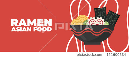 A bowl of ramen soup with chopsticks Asian and Japanese cuisine banner. Perfect for restaurant branding, advertising, menu design, and marketing materials A bowl of ramen soup with chopsticks Asian and Japanese cuisine banner. Perfect for restaurant branding, advertising, menu design, and marketing materials 131600884