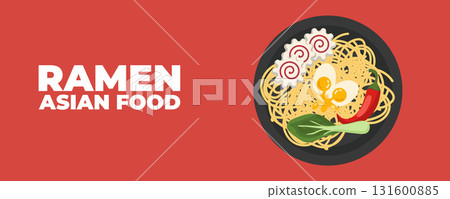 A bowl of ramen soup with chopsticks Asian and Japanese cuisine banner. Perfect for restaurant branding, advertising, menu design, and marketing materials 131600885
