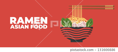A bowl of ramen soup with chopsticks Asian and Japanese cuisine banner. Perfect for restaurant branding, advertising, menu design, and marketing materials A bowl of ramen soup with chopsticks Asian and Japanese cuisine banner. Perfect for restaurant branding, advertising, menu design, and marketing materials 131600886