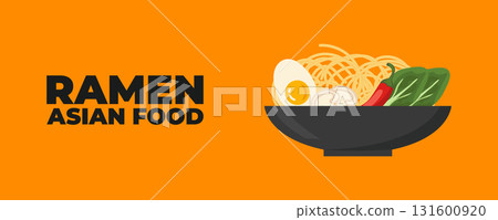 A bowl of ramen soup with chopsticks Asian and Japanese cuisine banner. Perfect for restaurant branding, advertising, menu design, and marketing materials 131600920