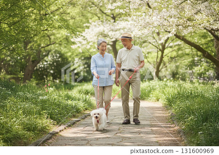 微笑的老年夫婦手牽手在公園散步，享受春天陽光和大自然的寧靜時光 131600969