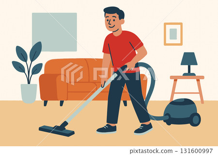 Young man vacuuming floor in apartment Young man vacuuming floor in apartment 131600997