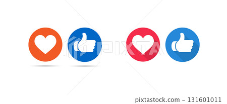 Social media like and heart icons. Thumbs up and heart icon in different colors. Social media like and heart icons. Thumbs up and heart icon in different colors. 131601011