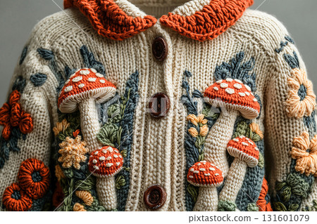 Vintage Vibes. Trending in fashion. Crochet details of mushrooms pattern on a modern garment. Autumn atmosphere in clothes. 131601079