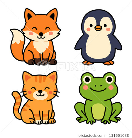 Set of four cute style cartoon animals: fox, penguin, cat, and frog. 131601088