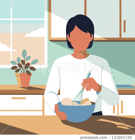 Young woman mixing batter in kitchen Young woman mixing batter in kitchen 131601150