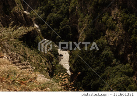 A vertical view of the bottom of a deep mountain gorge 131601351