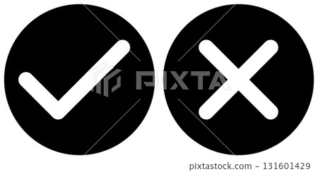 tick and x in circle, OK check mark and X cross icon symbol, black and white 131601429