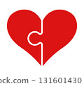red heart symbol composed of two puzzle pieces, illustration of two halves of a heart shape 131601430