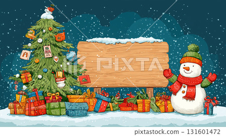 Festive Christmas scene with tree and snowman 131601472