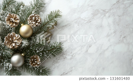 Christmas decorations, white marble, copy space Christmas decorations, white marble, copy space 131601480