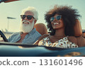 Cinematic photo of happy senior man with white beard and afro woman in cabriolet car. Happy moment concept 131601496