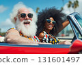 Cinematic photo of happy senior man with white beard and afro woman in cabriolet car. Happy moment concept 131601497