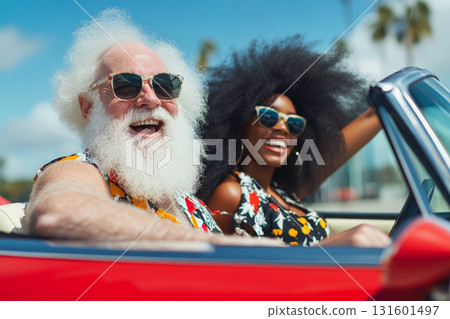 Cinematic photo of happy senior man with white beard and afro woman in cabriolet car. Happy moment concept 131601497