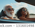 Cinematic photo of happy senior man with white beard and afro woman in cabriolet car. Happy moment concept 131601498