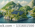 Image of an earth with solar panels, wind turbines and trees on it. Green energy concept 131601500