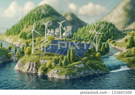Image of an earth with solar panels, wind turbines and trees on it. Green energy concept 131601500