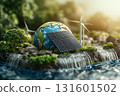 Image of an earth with solar panels, wind turbines and trees on it. Green energy concept 131601502