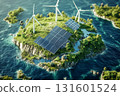 Image of an earth with solar panels, wind turbines and trees on it. Green energy concept 131601524