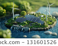 Image of an earth with solar panels, wind turbines and trees on it. Green energy concept 131601526