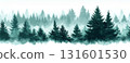 Seamless natural panoramic background, misty landscape with fir forest, hipster vintage retro style 131601530
