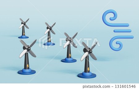 Wind Power Turbine Generator Energy with Wind Symbol. 3D Rendering. Wind Power Turbine Generator Energy with Wind Symbol. 3D Rendering. 131601546