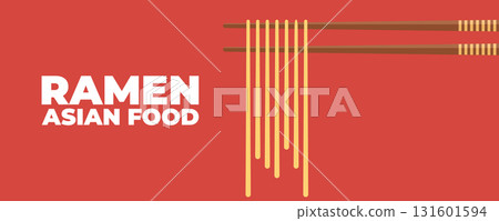 Ramen noodles on chopsticks banner for Asian and Japanese cuisine. Ideal for restaurant branding, menu design, packaging, social media posts, advertising, and food marketing materials 131601594