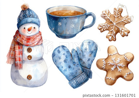 Snowman illustration with cozy mittens, hot cocoa, gingerbread cookie, and festive snowflake 131601701