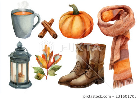 Autumn-themed flat illustration featuring cozy elements like pumpkin, boots, and warm drinks Autumn-themed flat illustration featuring cozy elements like pumpkin, boots, and warm drinks 131601703