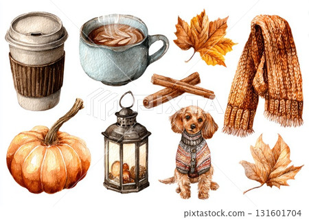 Cozy autumn illustration featuring a warm drink, pumpkin, dog, and seasonal elements 131601704