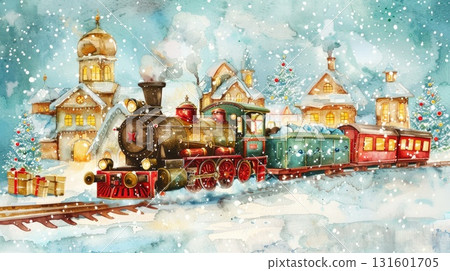 Vintage steam train traveling through a snowy village with festive decorations and holiday spirit Vintage steam train traveling through a snowy village with festive decorations and holiday spirit 131601705