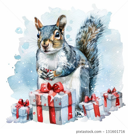 Squirrel illustration with holiday gifts and snowflakes in a whimsical winter scene 131601716