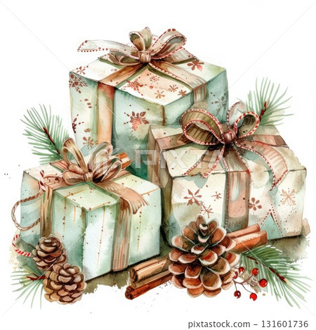 Festive watercolor illustration of beautifully wrapped gift boxes with ribbons and holiday decorations Festive watercolor illustration of beautifully wrapped gift boxes with ribbons and holiday decorations 131601736
