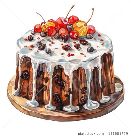 Delicious chocolate cake with creamy frosting and fresh berries on a wooden serving platter Delicious chocolate cake with creamy frosting and fresh berries on a wooden serving platter 131601739