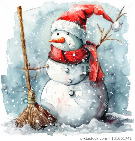 Snowman wearing a red hat and scarf stands beside a broom in a snowy winter landscape 131601741