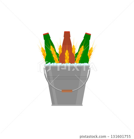 Metal bucket with beer bottles, ice cubes and wheat ears. Isolated vector illustration on white background. 131601755