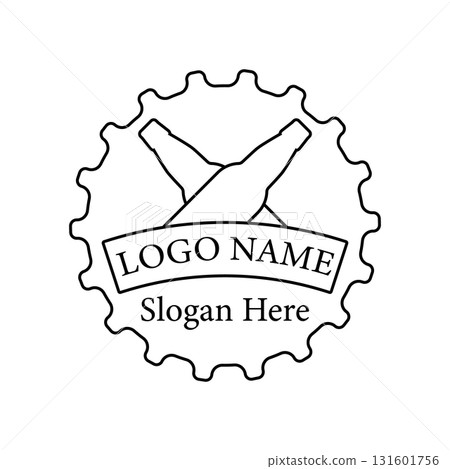 Beer bottle logo design on big beer cap background. Two crossed beer bottles and banner with text. Isolated vector illustration. Beer bottle logo design on big beer cap background. Two crossed beer bottles and banner with text. Isolated vector illustration. 131601756