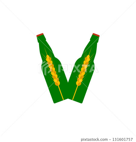 Beer bottles and wheat ears. Isolated vector illustration on white background. 131601757